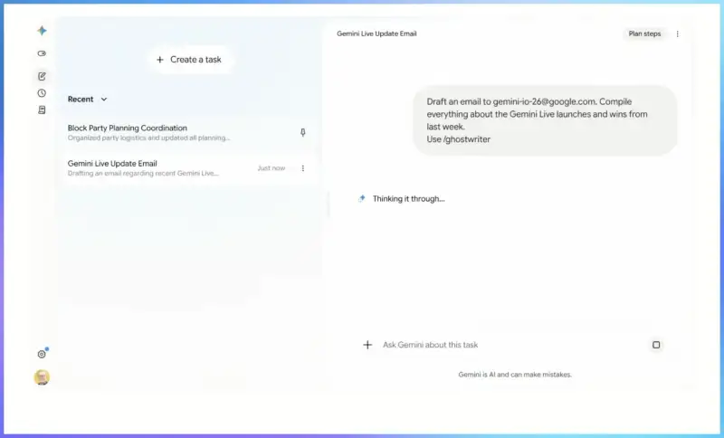 Giao diện làm việc của Gemini Spark