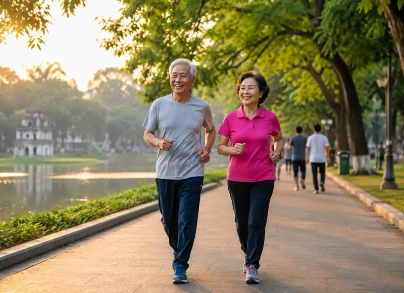 Người lớn tuổi đi bộ trên đường