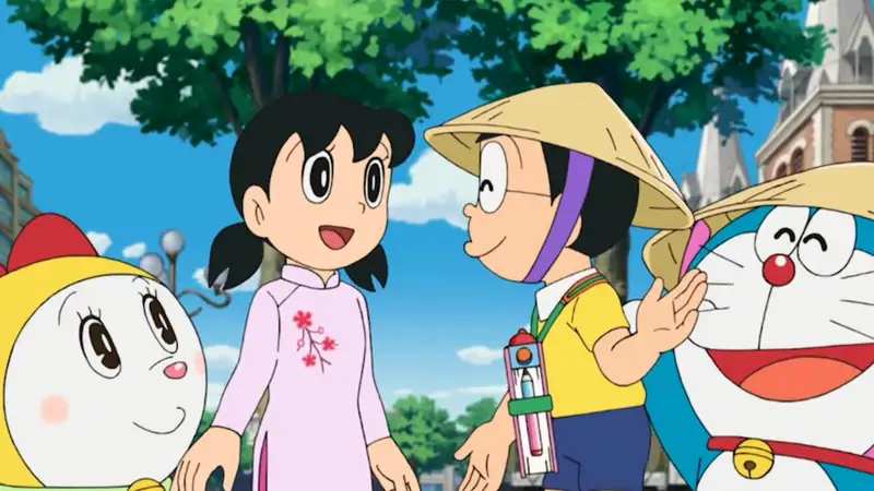 Nobita, Doraemon và Doremi chuẩn bị cho chuyến đi